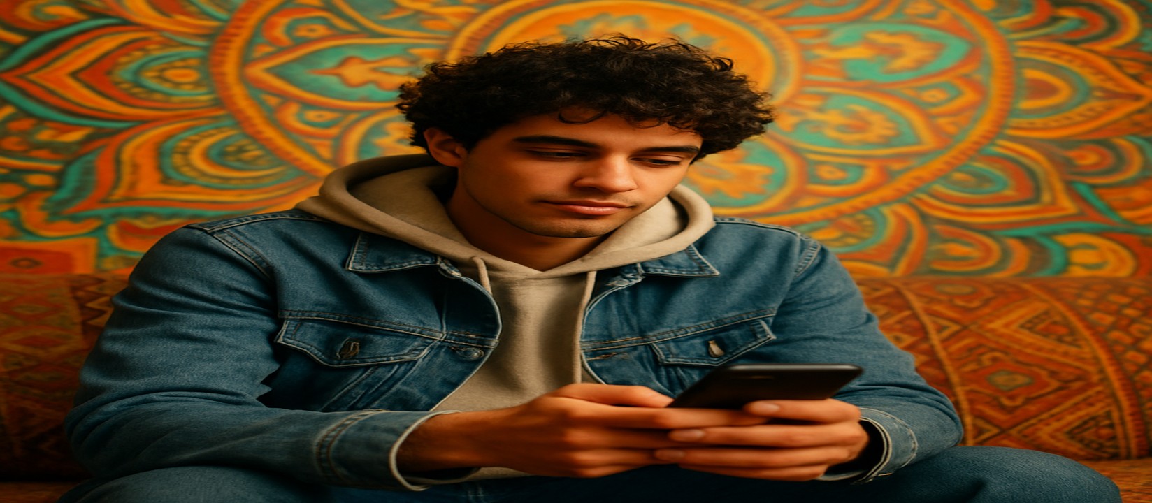 সোফায় শান্তভাবে বসে tbjee অ্যাপটি স্মার্টফোনে ব্যবহার করছেন একজন ব্যক্তি