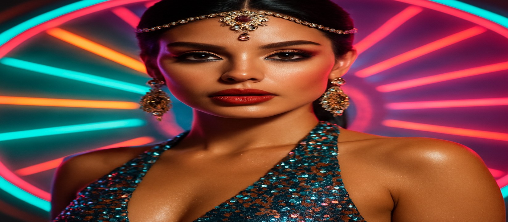 রঙিন গেমিং প্ল্যাটফর্মটির সামনে উজ্জ্বল পোশাকে এক নারী