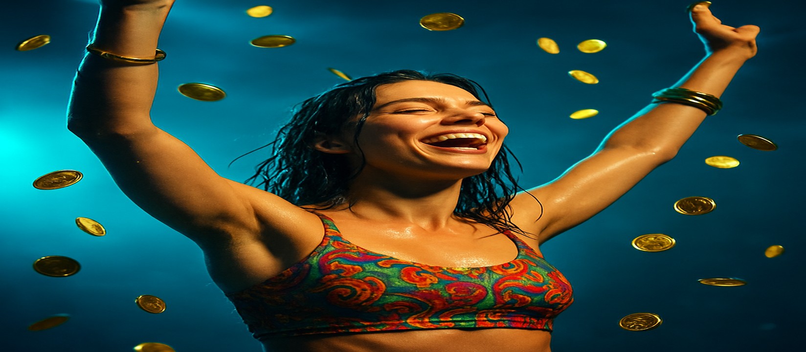 মুদ্রার ঝরনার মাঝে রঙিন পোশাকে একজন নারী